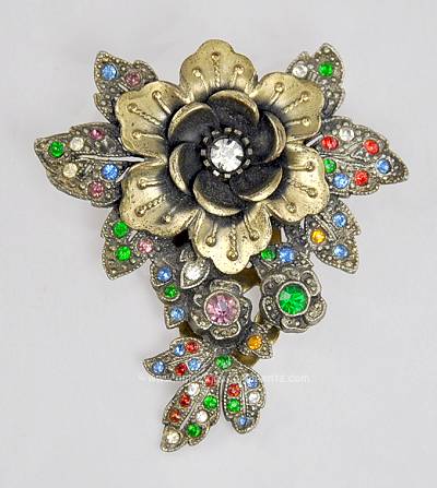 Magnificent Vintage Multi- colored Rhinestone Flower Clip