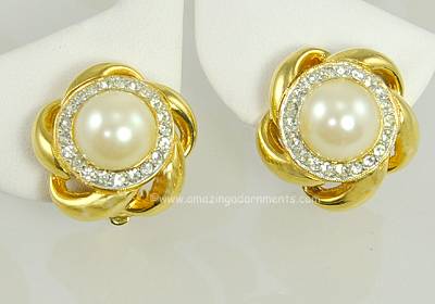 Tasteful Rhinestone and Faux Pearl Button Earrings Signed ST. JOHN