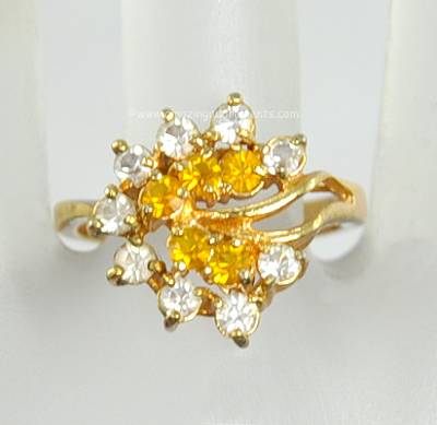 Refined Vintage Amber and Clear Rhinestone Cocktail Ring~ Size 5.5