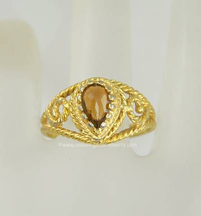 Vintage Open Metal Work Ring with Pear Shaped Amber Glass~ Size 7