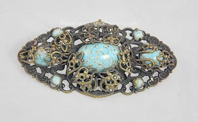 Early Twentieth Century Filigree and Flecked Faux Turquoise Stone Pin
