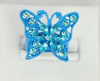 Darling Unsigned Blue Enamel and Rhinestone Butterfly Finger Ring