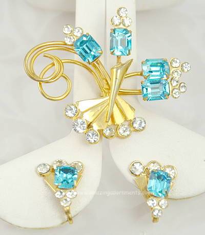Vintage Retro Blue and Clear Rhinestone Brooch and Earring Set