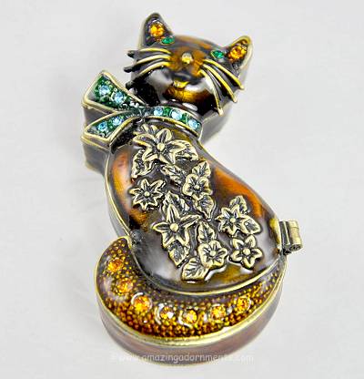 Ornate Contemporary Enamel and Rhinestone Cat Figural Trinket Box