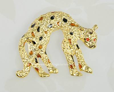 Textured Stretching Cat Figural Brooch with Colored Inlay Spots