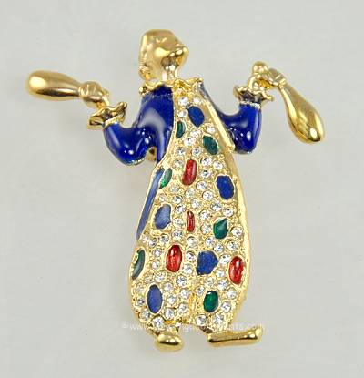 Humorous Enamel and Rhinestone Juggling Clown Figural Pin Signed ROMAN