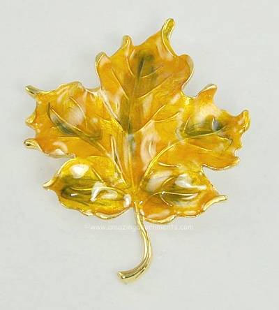 Bright Vintage Unsigned Enamel on Metal Oak Leaf Brooch