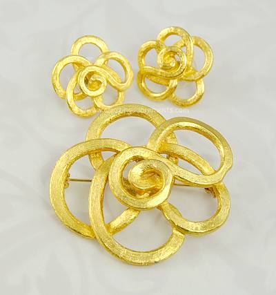 Verdant Open Metal Work Flower Brooch and Earring Set