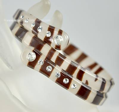 Vintage Tiger Striped Plastic Wrap Snake Bangle Bracelet with Rhinestones