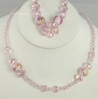 Attractive Pink Crystal and Art Glass Necklace and Bracelet Set