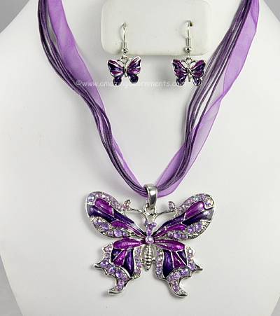 Contemporary Purple Enamel and Rhinestone Butterfly Necklace and Earrings Set