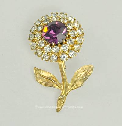 Cute Vintage Purple and Clear Rhinestone Flower Pin