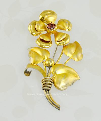 Sinuous Vintage Long Stemmed Flower Brooch with Amethyst Rhinestone