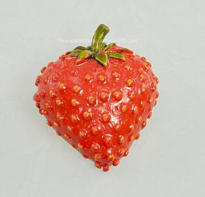 Yummy Vintage Red and Green Enamel Strawberry Fruit Pin