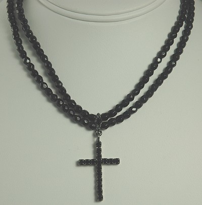 Double Strand Black Crystal Choker with Cross Pendant Signed 1928