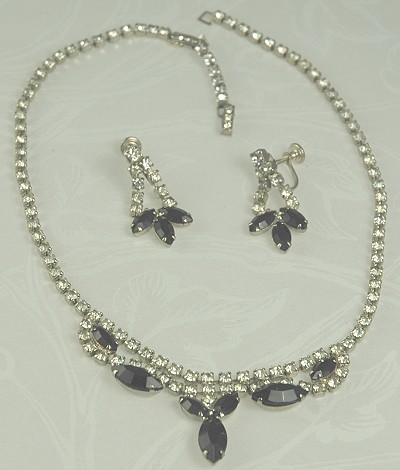 Vintage Black and Clear Rhinestone Demi - Necklace and Earrings