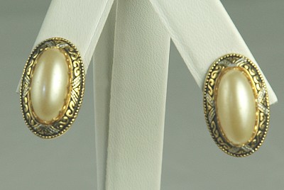 Nice Damascene and Faux Pearl Clip- on Earrings