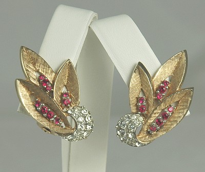 Simply Gorgeous Vintage Rhinestone Leaf Earrings Signed BOUCHER