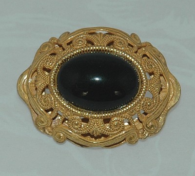 Vintage MIRIAM HASKELL Dual- Level Russian Gold- tone Brooch with Glass Cabochon