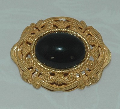 Vintage MIRIAM HASKELL Dual- Level Russian Gold- tone Brooch with Glass Cabochon