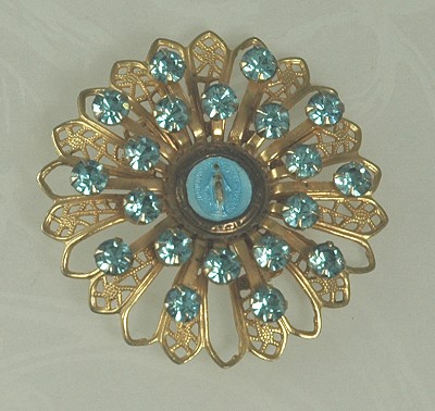 Vintage Miraculous Brooch with Aqua Rhinestones