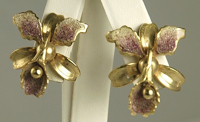 Vintage Beaded Petal Orchid or Iris Screw- on Earrings