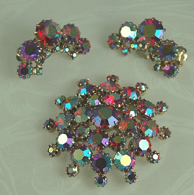 Dazzling Unsigned Red Aurora Borealis Brooch and Earring Set
