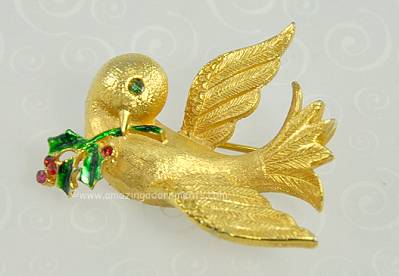 Too Sweet Vintage Signed MYLU Christmas Dove with Holly Brooch
