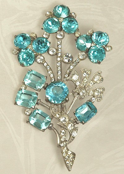 Huge Aqua and Clear Rhinestone Floral Brooch Signed STARET - BOOK PIECE