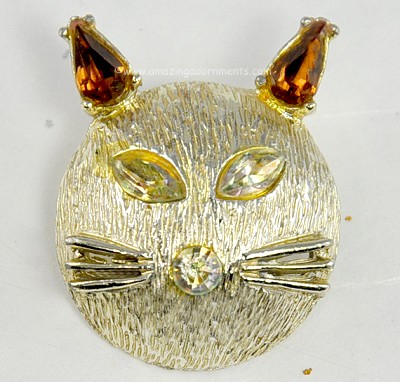 Fanciful Vintage Cat Face Pin with Rhinestones Signed 11 E. 30th STREET