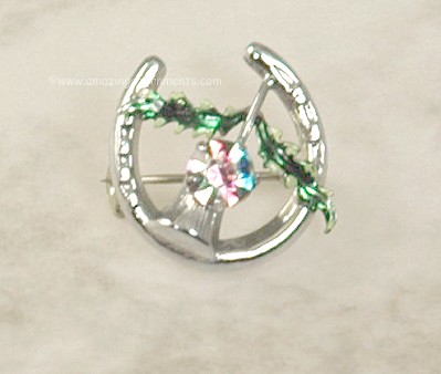 Vintage MIZPAH Horseshoe Thistle Pin with Rhinestone