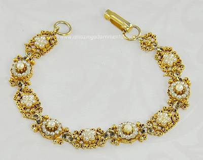 Delicate Vintage Faux Pearl Floral Bracelet Signed FLORENZA