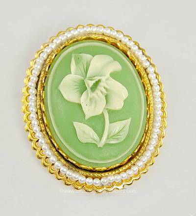 Vintage Spring Green Resin Brooch with Carved Floral and Faux Pearls