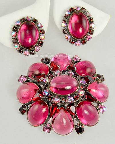 Magnificent Vintage Pink and Red Rhinestone Domed Brooch and Earring Set Signed SCHREINER