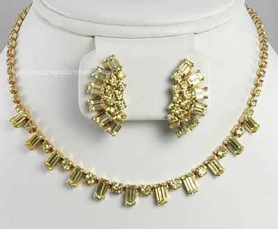 Glamorous Vintage Citrine Rhinestone Necklace and Earring Set Signed KRAMER