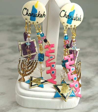 Playful Hanukah Themed Dangle Earrings Signed LUNCH AT THE RITZ