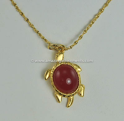 Cute Gold Plated Turtle Pendant Necklace with Amber Colored Glass Belly