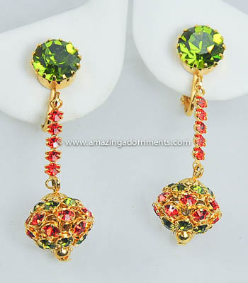 Incredible Vintage Unsigned Foliage Colored Rhinestone Earrings