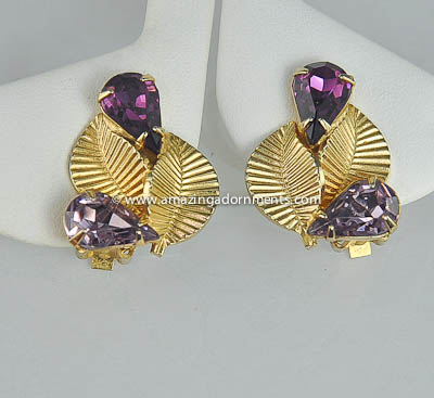 Graceful Vintage Purple Rhinestone and Leaf Earrings Signed CORO