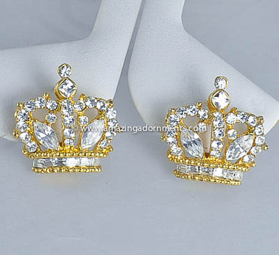 Flashy Unsigned Clear Rhinestone Crown Earrings