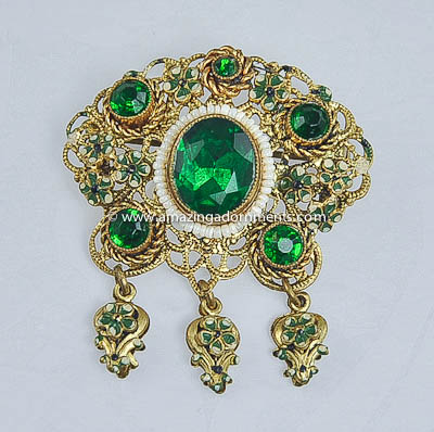 Vintage Green Rhinestone, Enamel and Faux Pearl Brooch Signed CZECHOSLOVAKIA