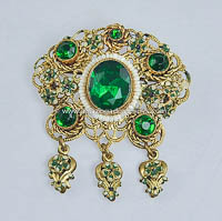 Vintage Green Rhinestone, Enamel and Faux Pearl Brooch Signed CZECHOSLOVAKIA