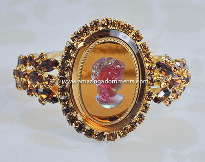 Vintage DELIZZA and ELSTER Rhinestone and Glass Cameo Clamper Bracelet