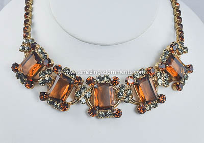 Well Known Vintage DeLizza and Elster Amber and Smoke Rhinestone Necklace