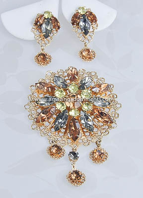 Ritzy Vintage Brooch and Earring Rhinestone and Filigree Set Set EMMONS