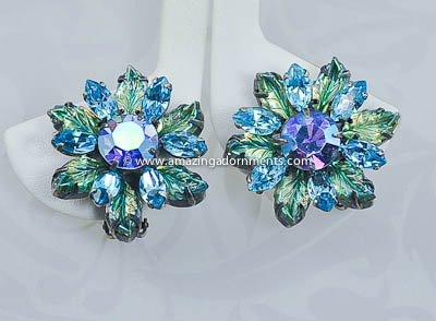 Gorgeous Vintage Carved Glass and Rhinestone Floral Earrings