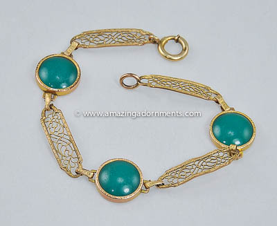 Delicate Vintage Filigree Links and Green Glass Bracelet
