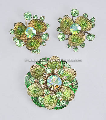 Fascinating Vintage Carved Green Glass and Rhinestone Brooch and Earring Set