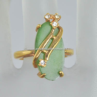 Sensational 18k Gold Filled Ring with Green Stone and Rhinestones~ Size 4