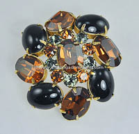 Fantastic Vintage Deep Amber and Jet Black Rhinestone Brooch Signed SCHREINER